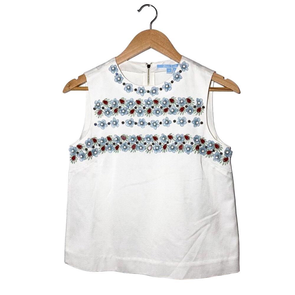 Draper James NEW Embellished Floral Beaded Sleeveless Tank Top White Red Blue 2